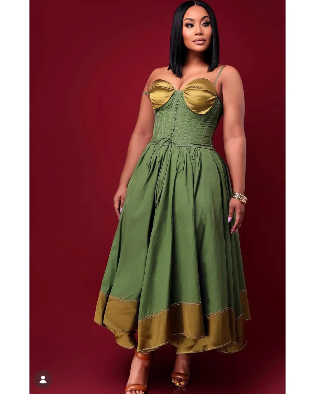Amstoosh lime green corset top and gold-trim skirt set — styled view