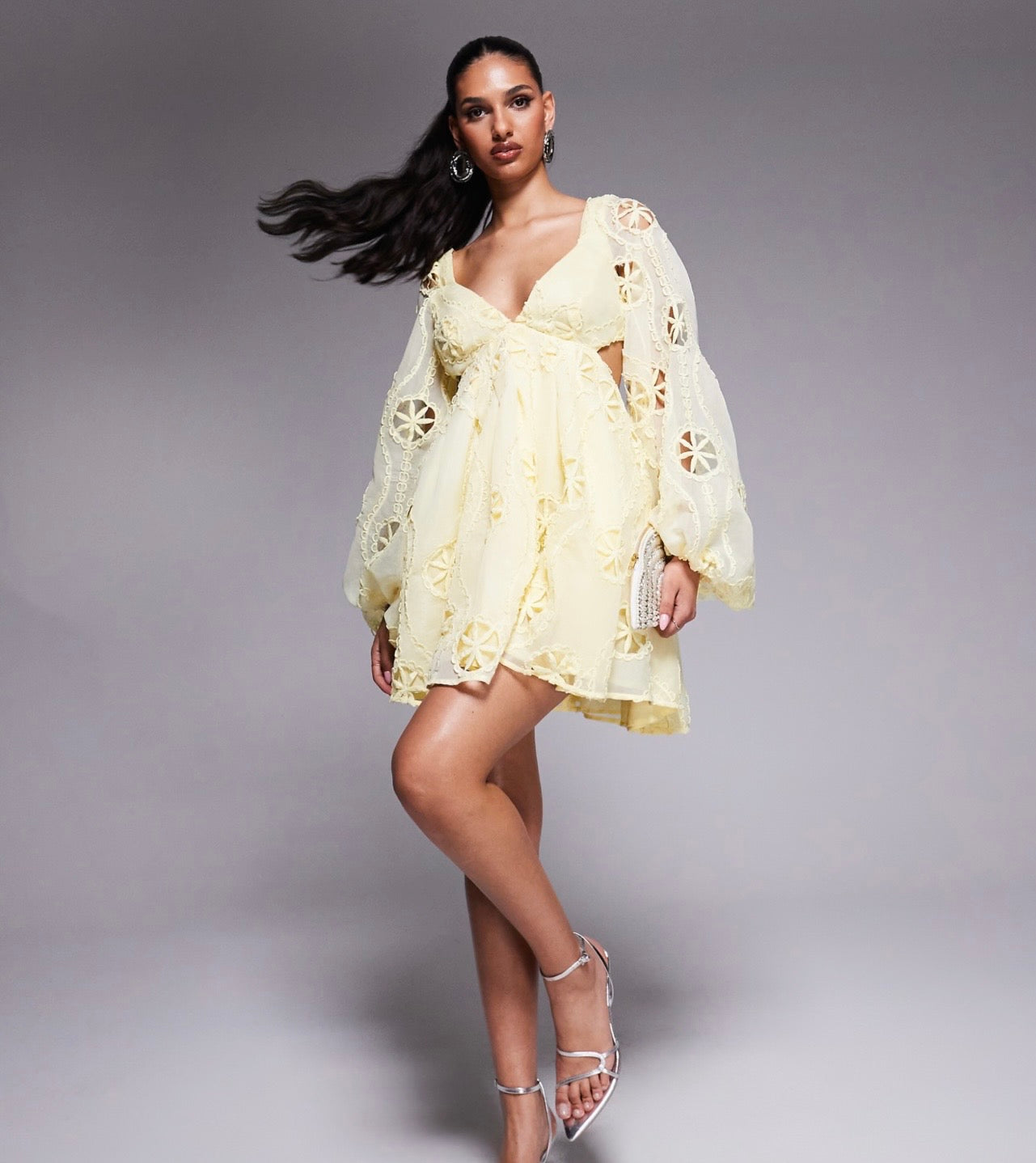 Pale yellow V-neck babydoll mini dress with balloon sleeves in 3D floral eyelet lace
