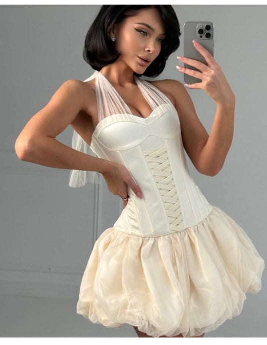 Cream halter corset mini dress with lace-up bodice and voluminous tulle bubble skirt