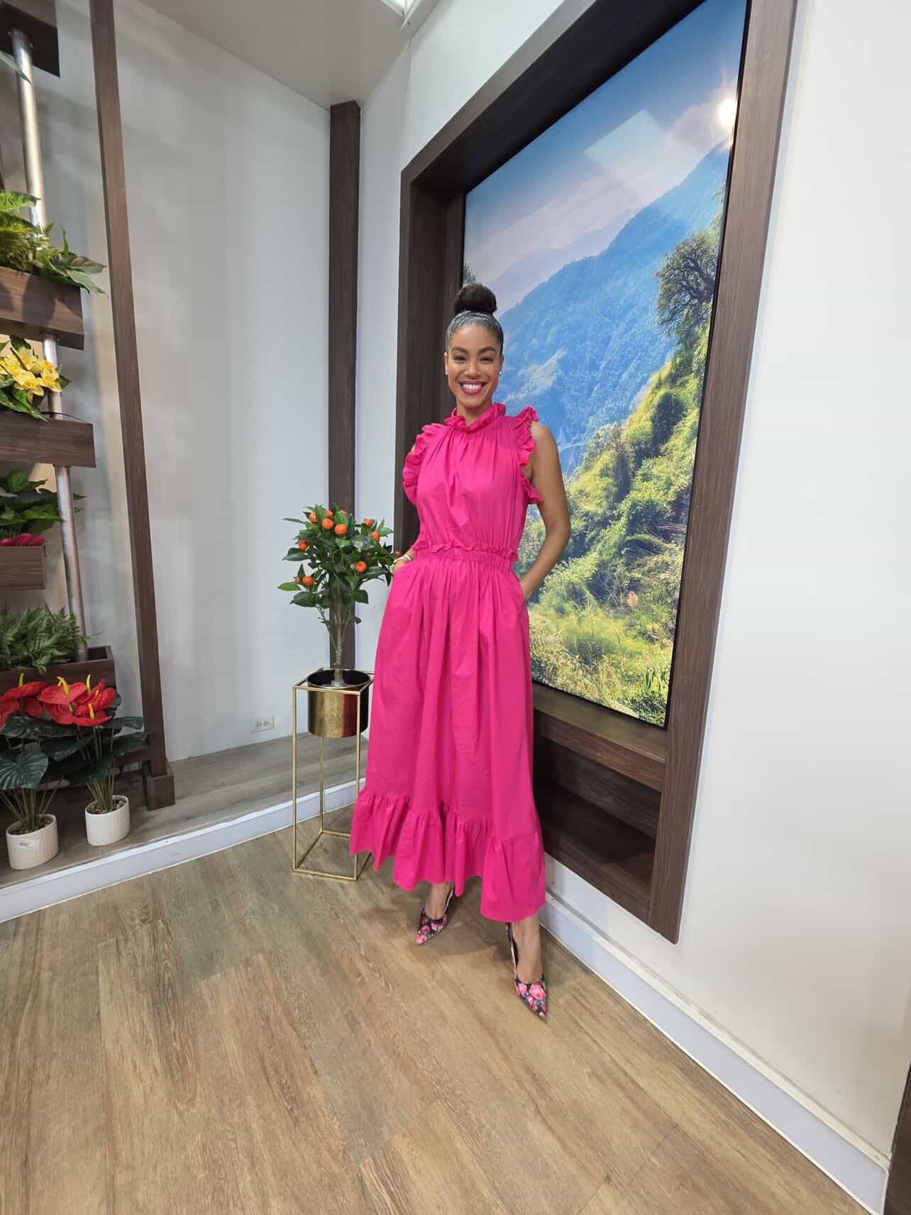 Fuchsia midi dress with ruffled high neckline, ruffled armholes and tiered gathered skirt