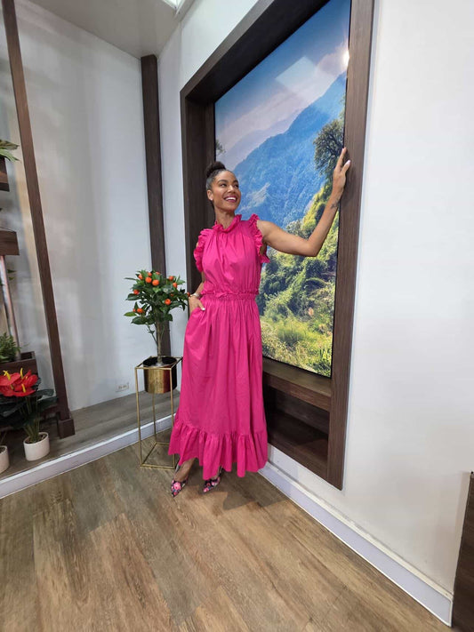 Fuchsia high-neck maxi dress with ruffle-trim flutter sleeves and tiered ruffle hem