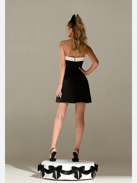 Black strapless A-line mini dress with contrast white waistband — back view