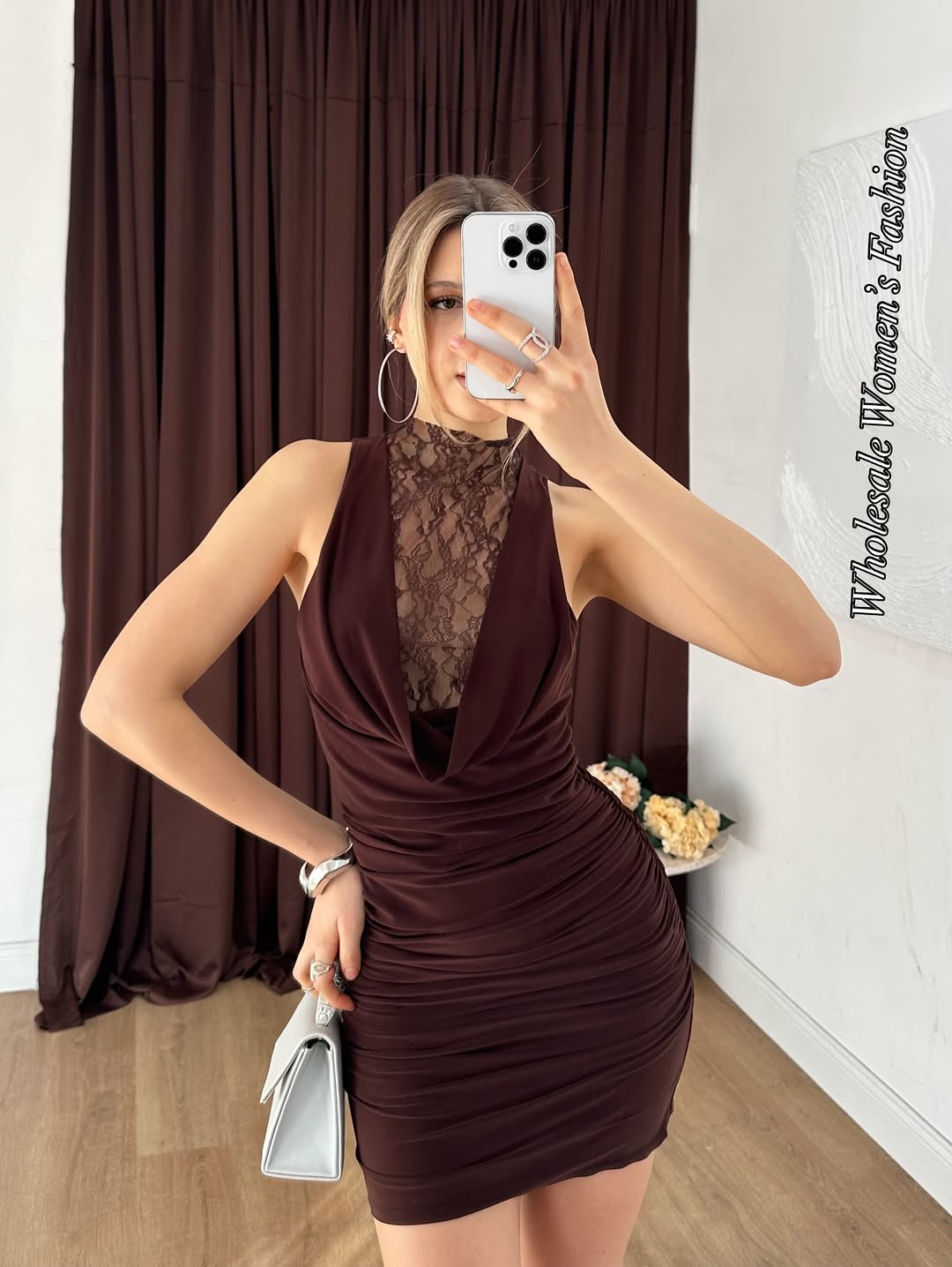 Dark brown sleeveless high-neck ruched bodycon mini dress with lace insert at chest